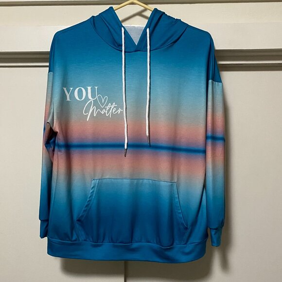 Beautiful blue & mauve, long sleeve hoodie w/uplifting message, size S - Picture 1 of 10